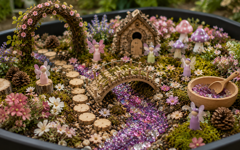 Fairy sensory tray with flowers, gems, wooden bridge, fairy figures and natural materials.