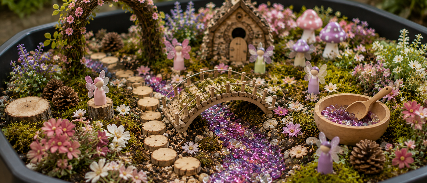 Fairy sensory tray with flowers, gems, wooden bridge, fairy figures and natural materials.