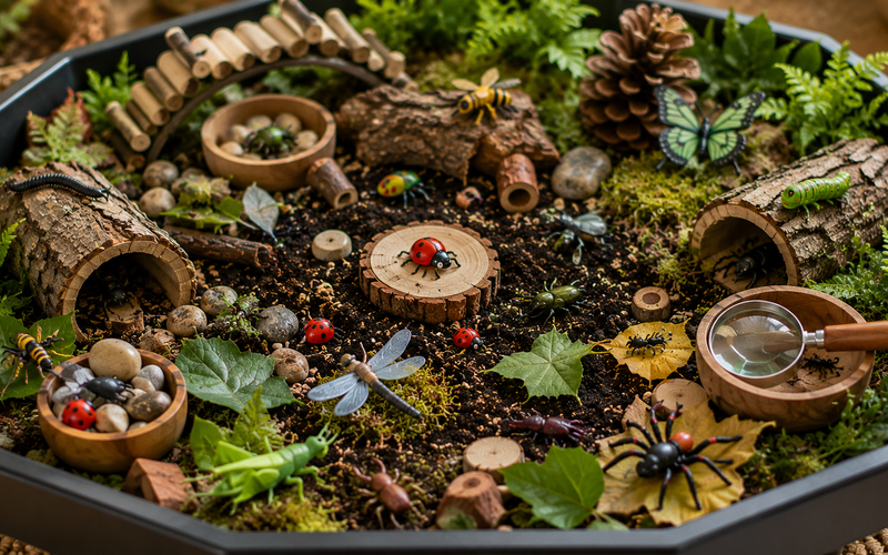 Bug sensory tray with soil, leaves, insect figures, logs and magnifying glass.