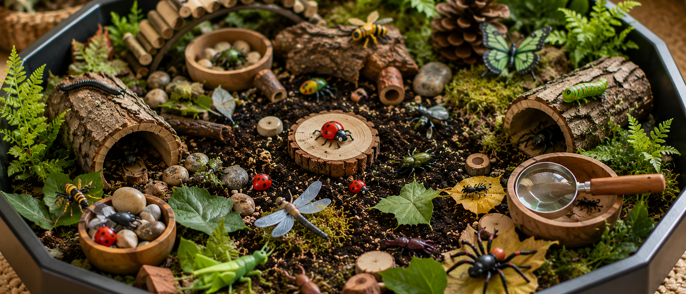 Bug sensory tray with soil, leaves, insect figures, logs and magnifying glass.
