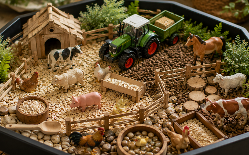 Farm sensory tray with toy animals, oats, tractor, fencing and scoops.