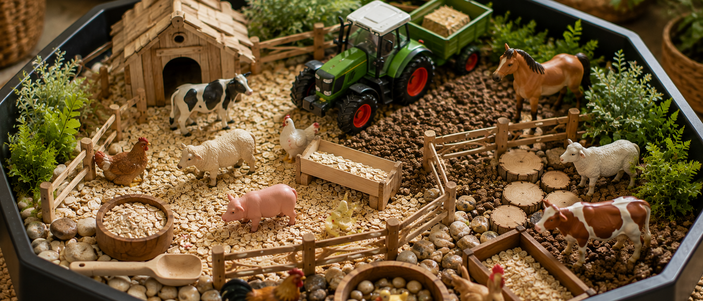 Farm sensory tray with toy animals, oats, tractor, fencing and scoops.