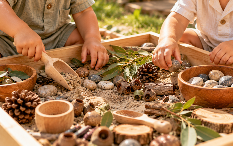 2 little boys exploring a dry sensory tray filled with colourful natural materials, scoops and loose parts.