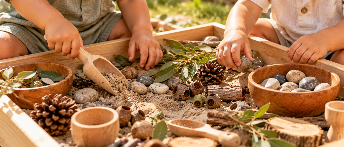 2 little boys exploring a dry sensory tray filled with colourful natural materials, scoops and loose parts.