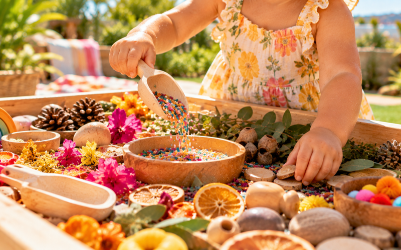 Child exploring a sensory tray filled with colourful natural materials, scoops and loose parts.