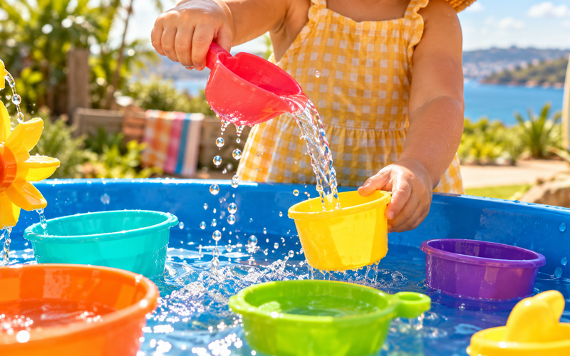 Toddler pouring water between colourful containers using scoops and cups in an outdoor water table.