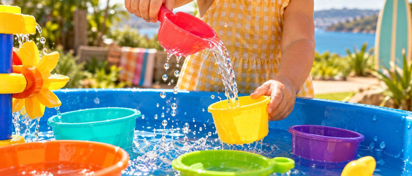 Toddler pouring water between colourful containers using scoops and cups in an outdoor water table.